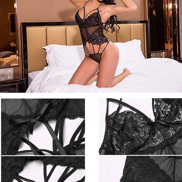 Womens Sexy Lace Babydoll Bodysuit Deep V - Picture 2 of 6